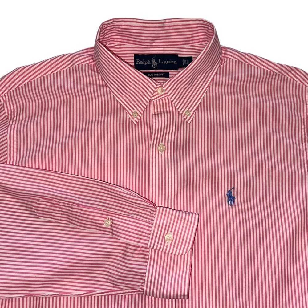 Ralph Lauren Shirt Mens 100% Cotton Pink & White Striped Casual Button Down Sz L